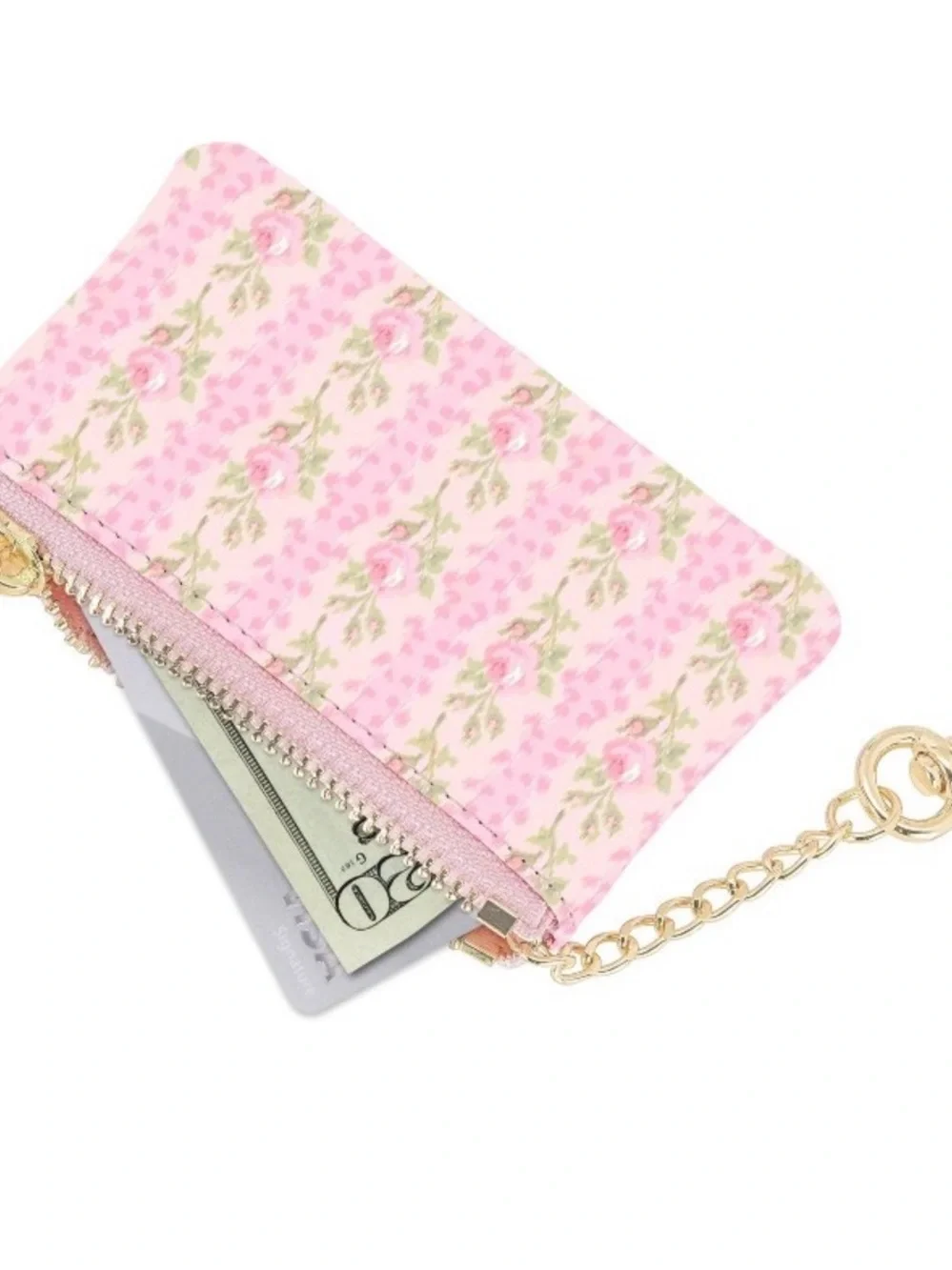 LoveShackFancy Pink Floral Key & Card Pouch Strawberry Macaroon with Gold Bow
